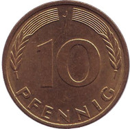 Монета 10 пфеннигов. 1995 год (J), ФРГ. Дубовые листья. Монета 10 пфеннигов. 1995 год (J), ФРГ. Дубовые листья.