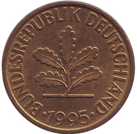 Монета 10 пфеннигов. 1995 год (J), ФРГ. Дубовые листья.