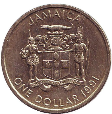 Монета 1 доллар. 1991 год, Ямайка. Александр Бустаманте - национальный герой Ямайки.