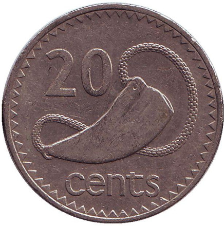 Монета 20 центов. 1980 год, Фиджи. Культовый атрибут Tabua (зуб кита) на плетеном шнурке.