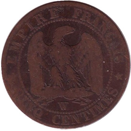 Монета 5 сантимов. 1855 год (W), Франция. Наполеон III.