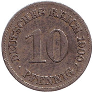 Монета 10 пфеннигов. 1900 год (E), Германская империя. Монета 10 пфеннигов. 1900 год (E), Германская империя.