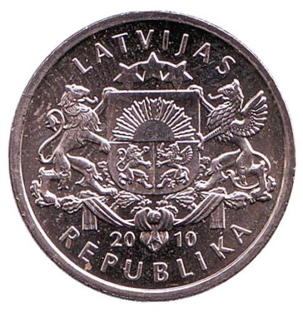 Монета 1 лат, 2010 год, Латвия. Подкова (вверх). Монета 1 лат, 2010 год, Латвия. Подкова (вверх).