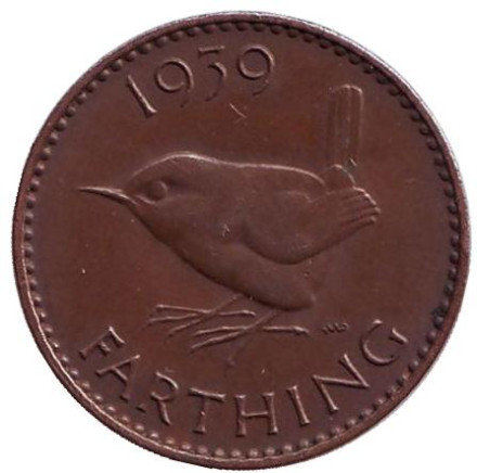 Монета 1 фартинг. 1939 год, Великобритания. Крапивник. (Птица).