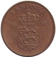 Монета 2 кроны. 1952 год, Дания. Фредерик IX. Монета 2 кроны. 1952 год, Дания. Фредерик IX.