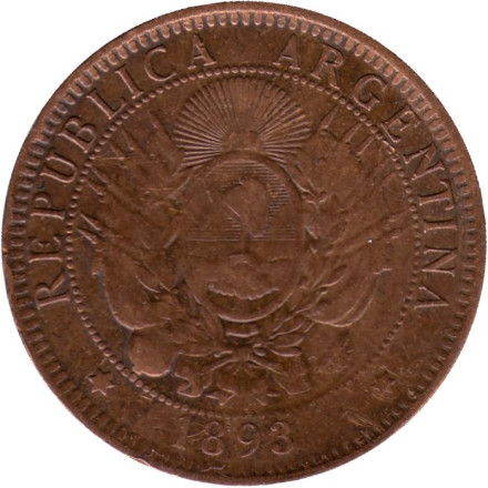 Монета 2 сентаво. 1893 год, Аргентина. Монета 2 сентаво. 1893 год, Аргентина.