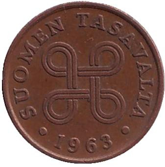 Монета 1 пенни. 1963 год, Финляндия.