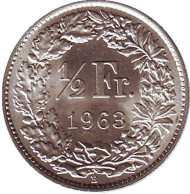 Монета 1/2 франка. 1963 год, Швейцария.