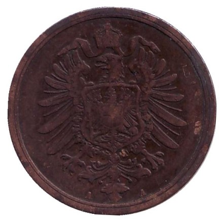 Монета 2 пфеннига. 1877 год (А), Германская империя. Монета 2 пфеннига. 1877 год (А), Германская империя.