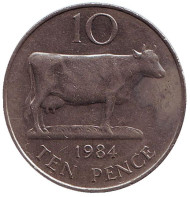 Монета 10 пенсов. 1984 год, Гернси. Корова. Монета 10 пенсов. 1984 год, Гернси. Корова.