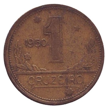 Монета 1 крузейро. 1950 год, Бразилия. Карта Бразилии.