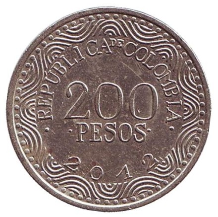 Монета 200 песо. 2012 год, Колумбия. Красный ара. Монета 200 песо. 2012 год, Колумбия. Красный ара.