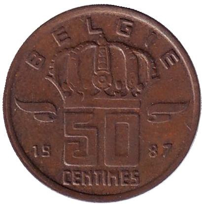 Монета 50 сантимов. 1987 год, Бельгия. (Belgie)