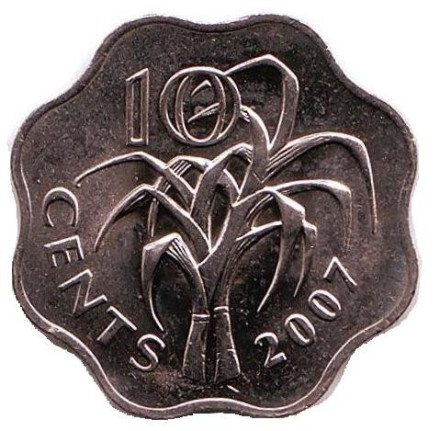 Монета 10 центов, 2007 год, Свазиленд. Сахарный тростник.