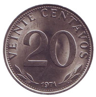 Монета 20 сентаво. 1971 год, Боливия. Монета 20 сентаво. 1971 год, Боливия.