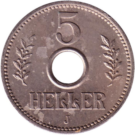 Монета 5 геллеров. 1913 год (J), Германская Восточная Африка.