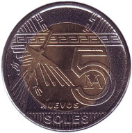 Монета 5 новых солей. 2012 год, Перу. Монета 5 новых солей. 2012 год, Перу.
