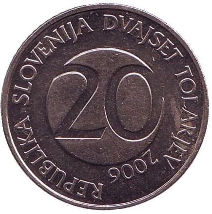 Монета 20 толаров. 2006 год, Словения. Из обращения. Белый аист. Монета 20 толаров. 2006 год, Словения. Из обращения. Белый аист.