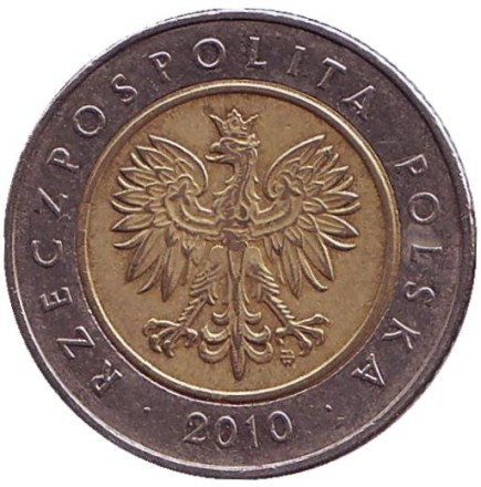 Монета 5 злотых. 2010 год, Польша. Монета 5 злотых. 2010 год, Польша.