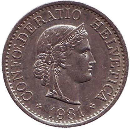 Монета 10 раппенов. 1981 год, Швейцария. Монета 10 раппенов. 1981 год, Швейцария.