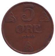 Монета 5 эре. 1929 год, Норвегия. Монета 5 эре. 1929 год, Норвегия.