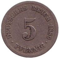 Монета 5 пфеннигов. 1889 год (A), Германская империя. Монета 5 пфеннигов. 1889 год (A), Германская империя.