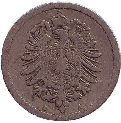 Монета 5 пфеннигов. 1889 год (A), Германская империя. Монета 5 пфеннигов. 1889 год (A), Германская империя.