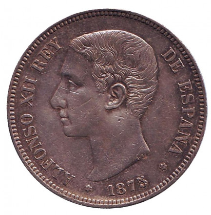 Монета 5 песет. 1875 год, Испания. Альфонсо XII.