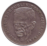 Курт Шумахер. Монета 2 марки. 1988 год (F), ФРГ. Из обращения.