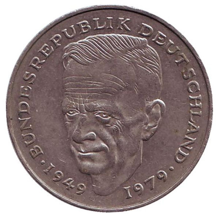 Монета 2 марки. 1988 год (F), ФРГ. Из обращения. Курт Шумахер.