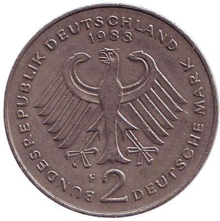 Монета 2 марки. 1988 год (F), ФРГ. Курт Шумахер. Монета 2 марки. 1988 год (F), ФРГ. Курт Шумахер.