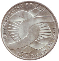 Монета 10 марок, 1972 год, ФРГ. Узел. XX Летние Олимпийские игры. Мюнхен-1972. (F). Монета 10 марок, 1972 год, ФРГ. Узел. XX Летние Олимпийские игры. Мюнхен-1972. (F).