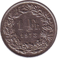 Монета 1 франк. 1973 год, Швейцария. Гельвеция. Монета 1 франк. 1973 год, Швейцария. Гельвеция.