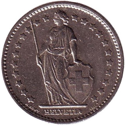 Монета 1 франк. 1973 год, Швейцария. Гельвеция. Монета 1 франк. 1973 год, Швейцария. Гельвеция.