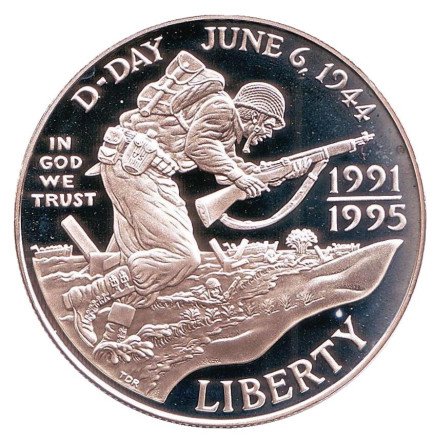Монета 1 доллар, 1993 год, США. Proof. 50 лет Победы. Высадка в Нормандии.