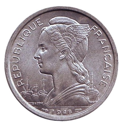 Монета 2 франка. 1948 год, Реюньон. aUNC. Сахарный тростник.