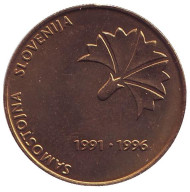 Монета 5 толаров. 1996 год, Словения. 5 лет независимости Словении. Монета 5 толаров. 1996 год, Словения. 5 лет независимости Словении.