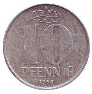 Монета 10 пфеннигов. 1980 год, ГДР. Монета 10 пфеннигов. 1980 год, ГДР.