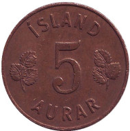 Монета 5 аураров. 1965 год, Исландия. Монета 5 аураров. 1965 год, Исландия.