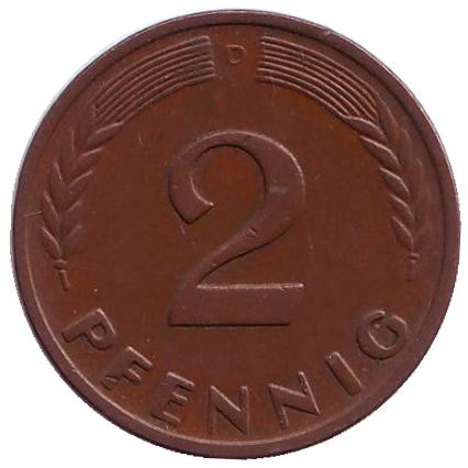Монета 2 пфеннига. 1950 год (D), ФРГ. Дубовые листья.