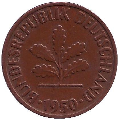 Монета 2 пфеннига. 1950 год (D), ФРГ. Дубовые листья. Монета 2 пфеннига. 1950 год (D), ФРГ. Дубовые листья.
