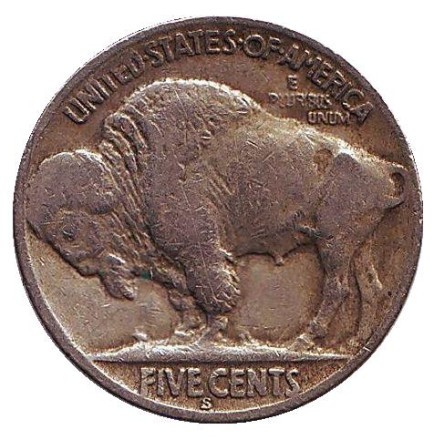 Монета 5 центов. 1928 год (S), США. Бизон. Индеец.