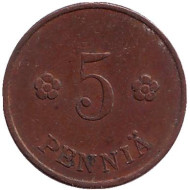 Монета 5 пенни. 1928 год, Финляндия. Монета 5 пенни. 1928 год, Финляндия.