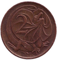 Монета 2 цента. 1989 год, Австралия. Плащеносная ящерица. Монета 2 цента. 1989 год, Австралия. Плащеносная ящерица.