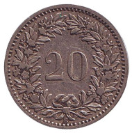 Монета 20 раппенов. 1891 год, Швейцария. Монета 20 раппенов. 1891 год, Швейцария.