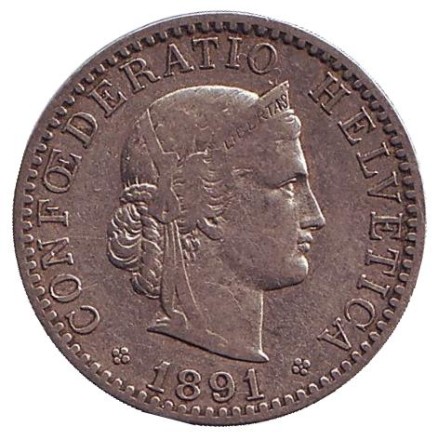 Монета 20 раппенов. 1891 год, Швейцария. Монета 20 раппенов. 1891 год, Швейцария.