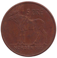 Монета 5 эре. 1973 год, Норвегия. Лось. Монета 5 эре. 1973 год, Норвегия. Лось.