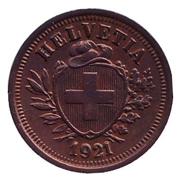 Монета 1 раппен. 1921 год, Швейцария. Монета 1 раппен. 1921 год, Швейцария.