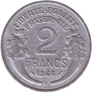 Монета 2 франка. 1948-В год, Франция. Монета 2 франка. 1948-В год, Франция.