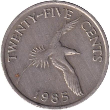 Монета 25 центов. 1985 год, Бермудские острова. Белохвостый фаэтон.